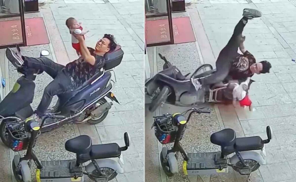 VIDEO: बैलेंस बिगड़ते ही गिरी स्कूटी, पिता ने इस तरह बचाई बच्चे की जान!