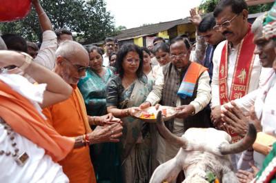 रायपुर : कृषि मंत्री श्री रामविचार नेताम ने गौ माता की पूजा-अर्चना कर खिलाया गुड़ एवं हरी घास