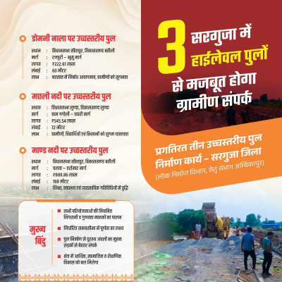 रायपुर : सेतु संभाग अम्बिकापुर द्वारा तीन उच्चस्तरीय पुलों का निर्माण कार्य जारी